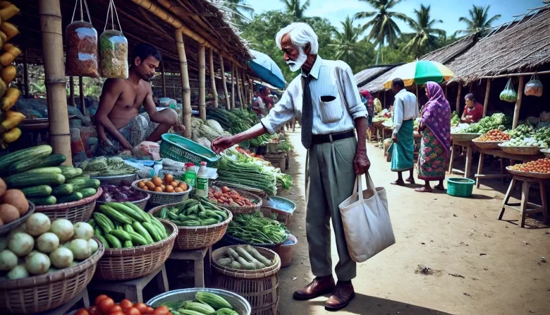 An old man with a fabric tote bag shopping fresh produce in Bangladesh